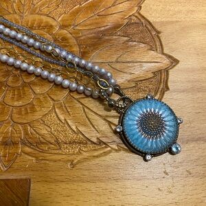 Mars and Valentine Elegant pearl Necklace with Blue Flower sterling and bronze